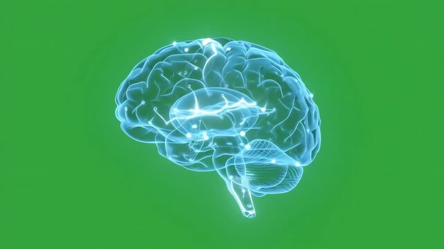 Glowing digital artificial intelligence brain icon with circuit lines rotating on a bright green screen background for easy chroma keying