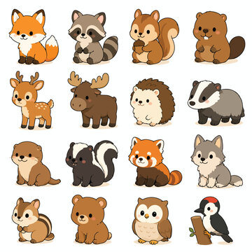Cute Woodland Animal Vector Illustration Set