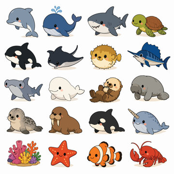 Cute Sea Creatures Collection Vector Illustration Chibi Style