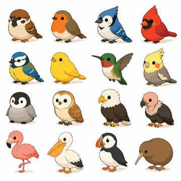 Cute Cartoon Bird Character Collection Vector Illustration