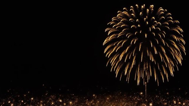 黒い夜空の右上に大きく開く金色の菊花火の映像