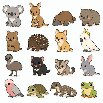 Cute Australian Animals Vector Set Illustration Kawaii Style
