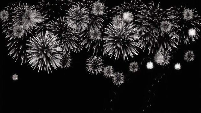 黒い夜空へ銀色の光跡が上昇して開く花火の映像