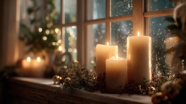 Christmas candles glowing on window ledge