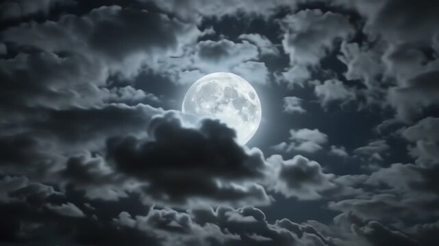 Luminous full moon shining through moving dark storm clouds in a deep night sky with a serene atmosphere