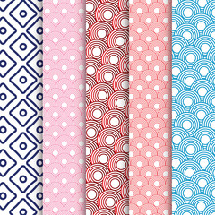 Chinese traditional wave and fish scale seamless patterns collection in various colors illustration © AKS Studio