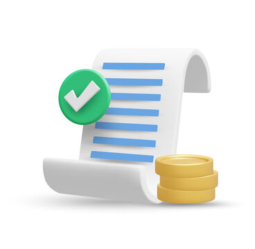 3d rendering illustration of paper receipt bill with check mark and gold coin stack for successful payment transaction isolated on transparent png background concept for financial application