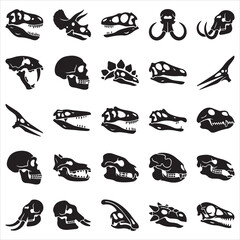 Variety of prehistoric animal and dinosaur skull icons silhouette collection with dinosaur prehistoric paleontology skeleton creature illustration silhouette isolated collection archaeology © moon