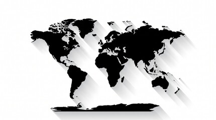 Black world map vector illustration with long shadow effect, silhouette earth continents graphic element, global geography cartography concept isolated on white background. © Usman