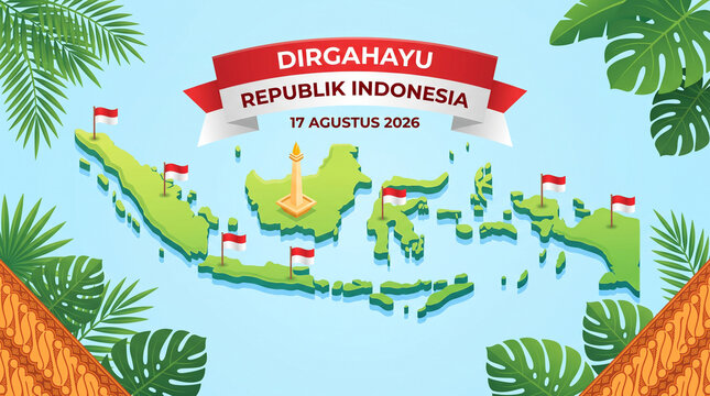 Indonesia independence day greeting card design with map of indonesia, monas monument, and traditional batik pattern background