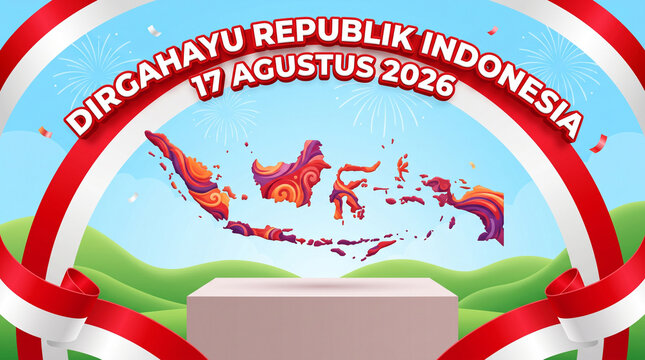 Dirgahayu republik indonesia 17 agustus 2026, independence day greeting card design with colorful map of indonesia and red and white ribbon