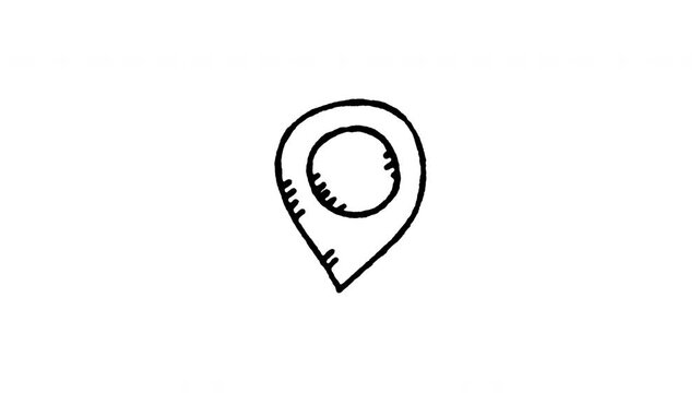 Animated doodle map pin location marker icon. 4K frame by frame line art on black and green screen chroma key background for navigation, destination, place point, address, and GPS tracking edits.