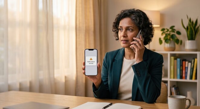 Cautious woman making phone call showing verify before you act smartphone alert