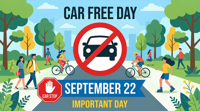 Car Free Day illustration with people walking and cycling.
