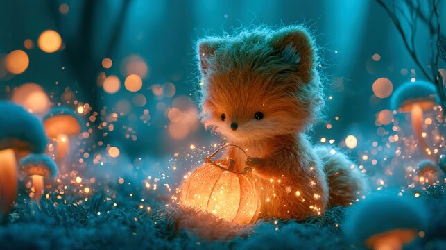 Whimsical 3D illustration of fluffy ginger fox holding glowing pumpkin lantern in bioluminescent forest, soft mist located within magical fairy realm