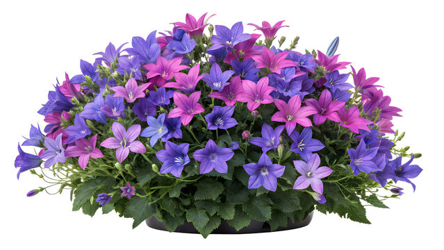 Beautiful purple and pink bellflower plant in a pot isolated on transparent background