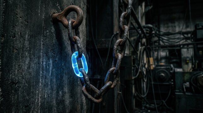 Mysterious Glowing Blue Object Suspended by Heavy Industrial Chains in Dark Environment.