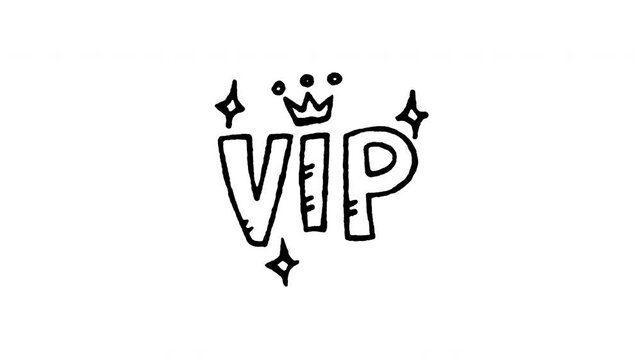 Hand drawn 4K VIP text with crown doodle animation with boiling line motion. Frame by frame outline on black and green screen backgrounds, perfect for premium membership, luxury club, and bonus.