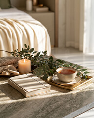Obraz premium Premium self care ritual with journal tea grip socks eucalyptus and wellness accessories showcasing luxury restorative intentional living
