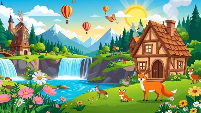 Cartoon nature landscape with windmill, waterfall, and wild animals.