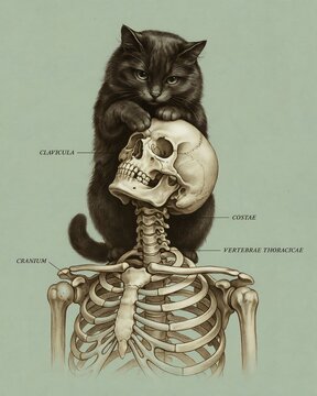 Vintage style illustration of a black cat sitting on top of a human skeleton skull