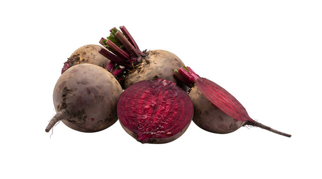 Fresh beetroots with sliced halves isolated on white