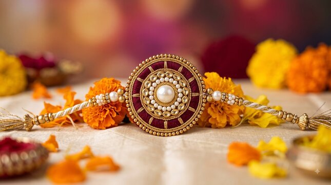 Traditional Rakhi Bracelet with Gold Kundan Pearl Details and Marigold Flowers Vector Illustration for Raksha Bandhan Celebration Concept