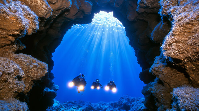 Scuba divers exploring a spectacular underwater cave with blue light