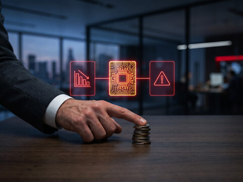 Businessman hand interacting with stacked coins and digital icons of data, chip, and alert.