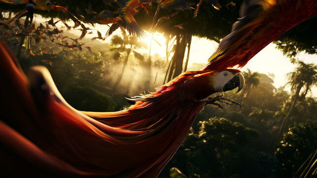 Colorful macaw flying through a tropical rainforest at golden hour