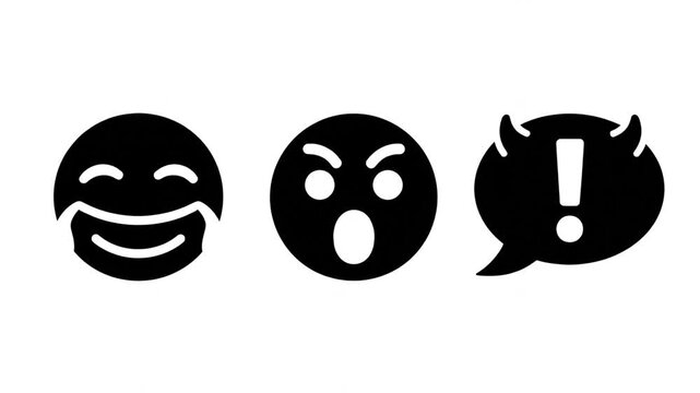 Expressive digital animation motion graphic features laughing and angry emoji faces communicating with floating speech bubble icons on white background