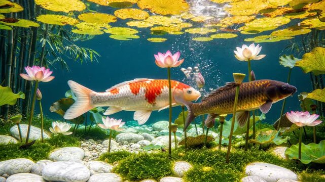 Beautiful Colorful Koi Fish Swimming Among Pink Lotus Flowers in a Serene Underwater Pond Environment
