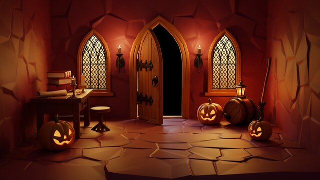 Spooky halloween interior scene with glowing jack o lanterns inside a dark gothic stone castle room