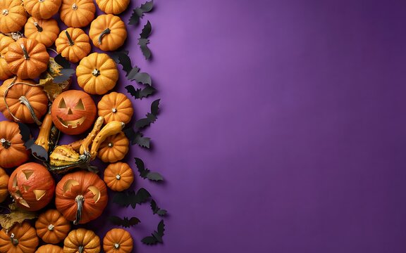 Top view of small orange pumpkins and black bats on a vibrant purple background