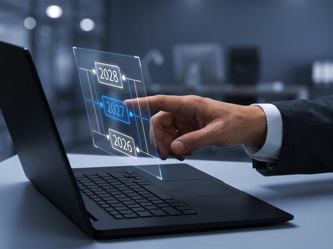 Digital holographic interface showing vertical timeline with years 2026 to 2028 being selected by hand.