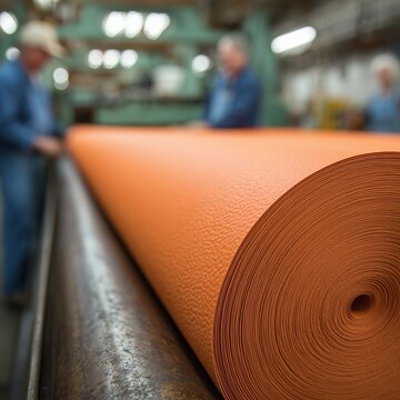 A roll of orange eco-leather in the factory. A large roll of fabric on a machine, workers on a blurred background, an industrial production line.