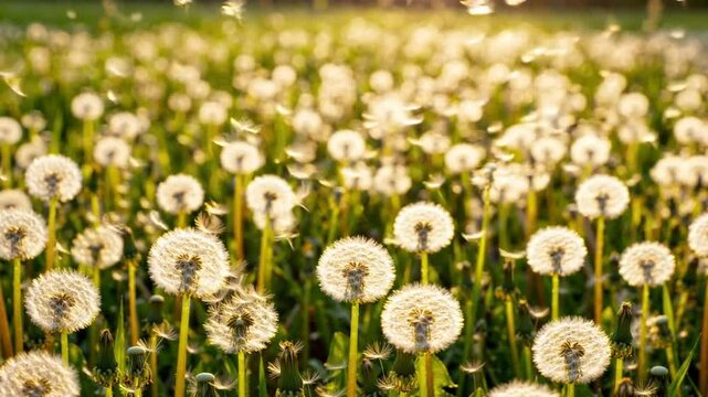 Beautiful Field of White Dandelion Seed Heads Blowing in the Gentle Warm Sunlight of Springtime