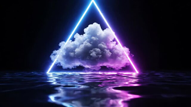 Surreal abstract scene featuring a fluffy white cloud levitating inside a vibrant glowing neon triangle with soft reflection in dark rippling water