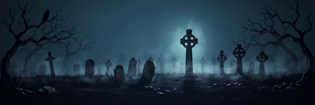 Spooky graveyard with celtic crosses under a full moon in a dark misty night landscape