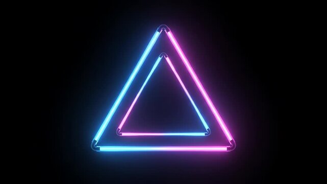 Symmetrical glowing neon triangle shape with vibrant magenta and blue light flickering and pulsing on a pitch black background