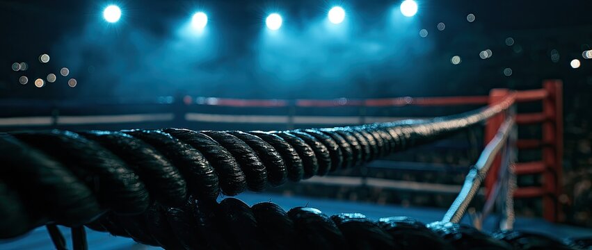 Close-up on a thick rope in a boxing ring, dramatic lighting, audience in background