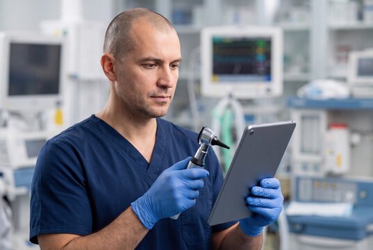 Doctor using digital tablet and otoscope in modern hospital ward