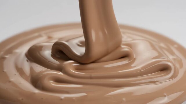 Thick liquid foundation makeup pouring in a slow motion curved stream against a clean white background creating elegant swirls and silky texture