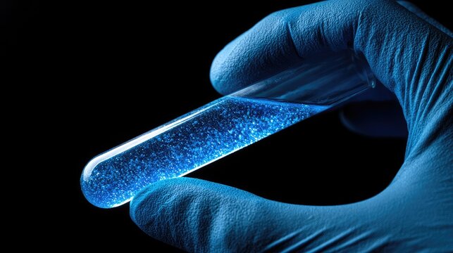 Close-up of a gloved hand holding a glowing blue liquid in a test tube
