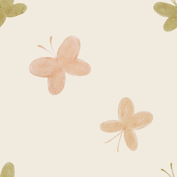 Seamless watercolor butterfly pattern with soft pastel tones. Delicate flying butterflies create a minimal romantic design and perfect for fabric or wallpaper.