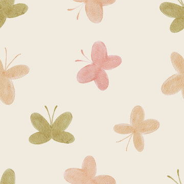 Seamless watercolor butterfly pattern with colorful pastel butterflies. Charming nature design feels light and cheerful and perfect for nursery or textile.