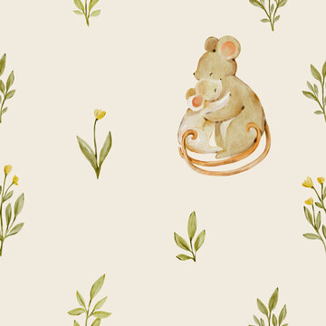 Seamless watercolor mouse family pattern with delicate botanical elements. Sweet woodland design feels warm and playful and perfect for nursery or fabric.