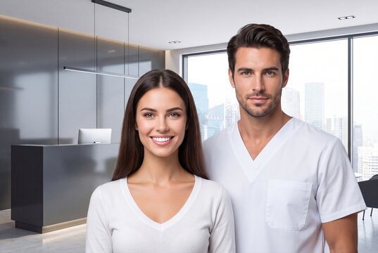 Dentist doctor and nurse smiling in modern clinic reception interior