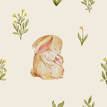 Seamless watercolor bunny pattern with delicate wildflowers and leaves. Gentle woodland design feels sweet and cozy and perfect for nursery or fabric.