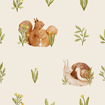 Seamless watercolor woodland animals pattern with soft botanical accents. Charming forest design feels playful and natural and perfect for nursery decor.